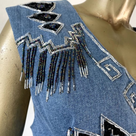 KNOT KNOTS BEADED AND SEQUINS EMBELLISHED WESTERN DENIM VEST SIZE XL - Picture 7 of 8